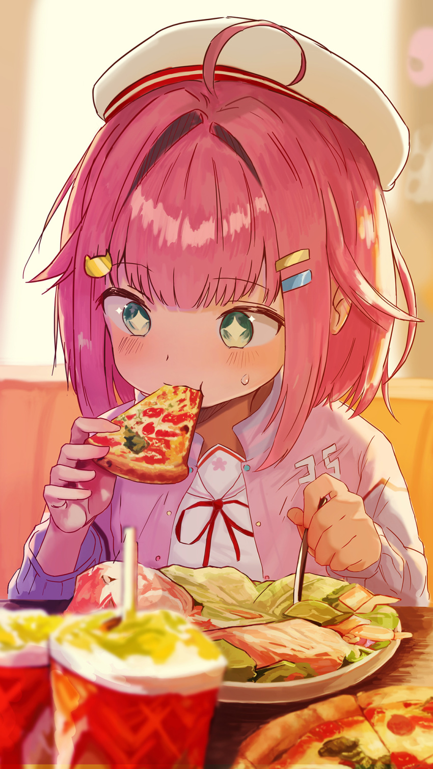 1girl, ahoge, beret, blurry, blurry_background, blurry_foreground, blush, eating, food, food_focus, food_in_mouth, fork, green_eyes, hair_ornament, hairclip, hat, highres, holding, holding_food, holding_fork, holding_pizza, hololive, jacket, letterman_jacket, mochi0802, official_alternate_costume, pink_hair, pink_jacket, pizza, restaurant, sakura_miko, sakura_miko_(school_uniform), salad, school_uniform, shirt, short_hair, solo, sparkling_eyes, sweatdrop, virtual_youtuber, white_hair, white_shirt