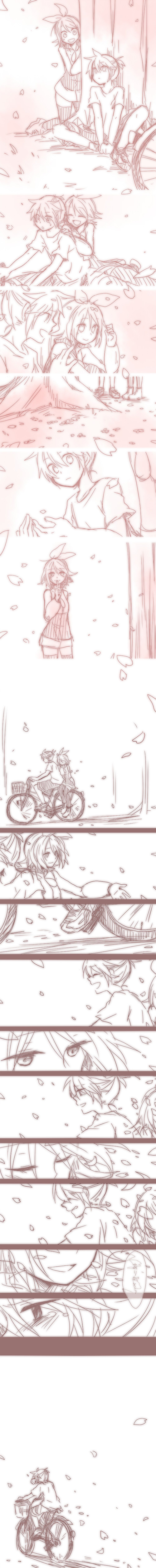 bicycle, brother_and_sister, cherry_blossoms, comic, couple, dress, highres, kagamine_len
