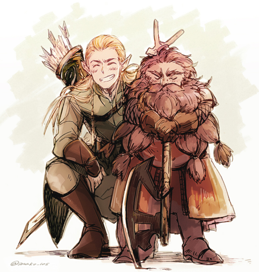 2boys, arrow_(projectile), axe, beard, blonde_hair, blush, boots, braid