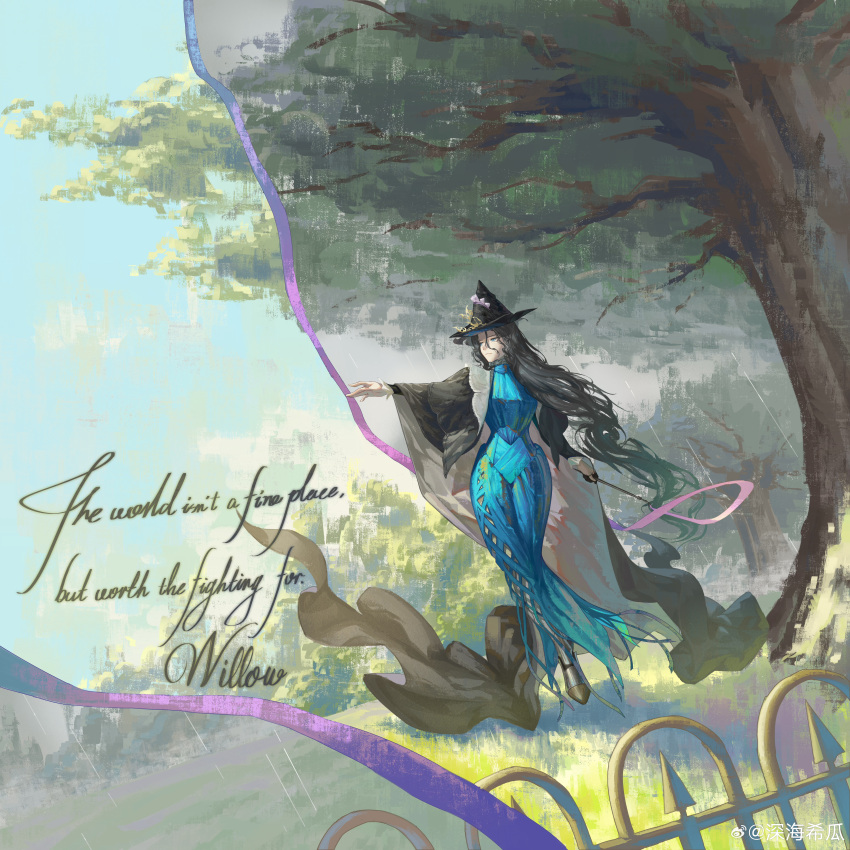 1girl, absurdres, black_cape, black_hair, black_hat, black_sleeves, blue_dress, blue_sky