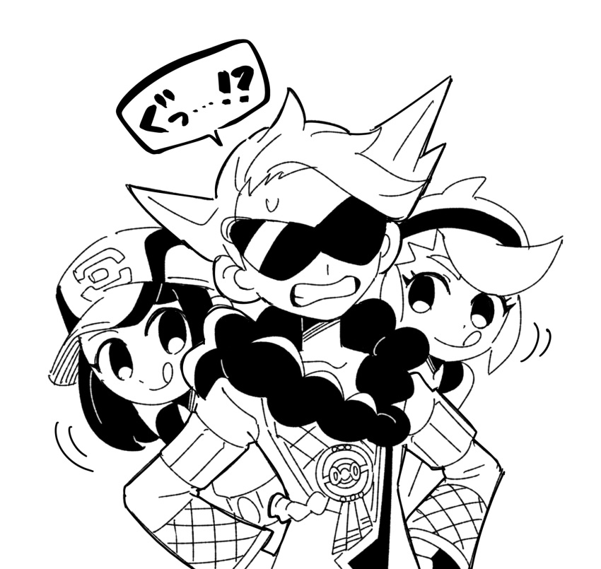 1boy, 2girls, baseball_cap, bettie_(pokemon), hairband, hat, highres, k_lisl, lear_(pokemon), lear_(sygna_suit)_(pokemon), looking_at_another, multiple_girls, official_alternate_costume, peeking_out, pokemon, pokemon_masters_ex, sunglasses, teeth, tina_(pokemon), tongue, tongue_out