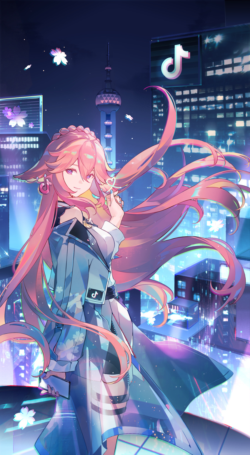 1girl, absurdres, animal_ears, arm_behind_back, blue_nails, building, cellphone, closed_mouth