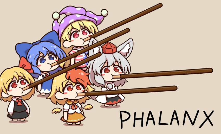 5girls, american_flag_dress, animal_ears, ascot, bird_wings, black_skirt, black_vest, blonde_hair, blue_bow, blue_dress, blue_eyes, blue_hair, blush_stickers, bow, cirno, clownpiece, commentary, detached_sleeves, dress, english_text, flag_print, food, food_in_mouth, grey_hair, hair_bow, hair_ribbon, hat, highres, inubashiri_momiji, jester_cap, long_hair, long_sleeves, multicolored_hair, multiple_girls, niwatari_kutaka, orange_skirt, oversized_food, oversized_object, pinafore_dress, pocky, pocky_day, pocky_in_mouth, polka_dot, polka_dot_headwear, pom_pom_(clothes), purple_hat, red_ascot, red_eyes, red_hat, red_ribbon, redhead, ribbon, rumia, shadow, shirt, shitacemayo, short_sleeves, skirt, skirt_set, sleeveless, sleeveless_dress, star_(symbol), star_print, striped_clothes, striped_dress, tail, tokin_hat, touhou, two-tone_hair, very_long_hair, vest, white_shirt, wings, wolf_ears, wolf_girl, wolf_tail