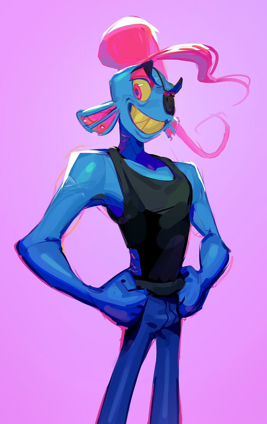 1girl, 2023, 2d, anthro, black_eyepatch, black_tank_top, blue_skin, commentary
