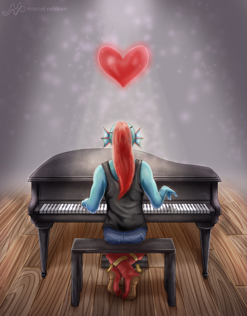 1girl, 2016, 2d, anthro, artist_name, back, blue_skin, commentary, digital_media, ear_fins, english_commentary, female, female_only, fins, fish, fish_girl, floor, head_fins, heart, instrument, long_hair, marcelnehlsen, monster, monster_girl, piano, playing_instrument, playing_piano, ponytail, red_hair, sitting, solo, undertale, undyne, wooden_floor