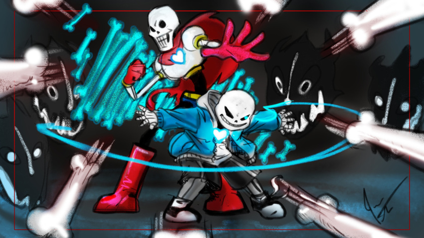 2015, 2boys, 2d, battle, black_pants, blue_jacket, blue_shorts, bone