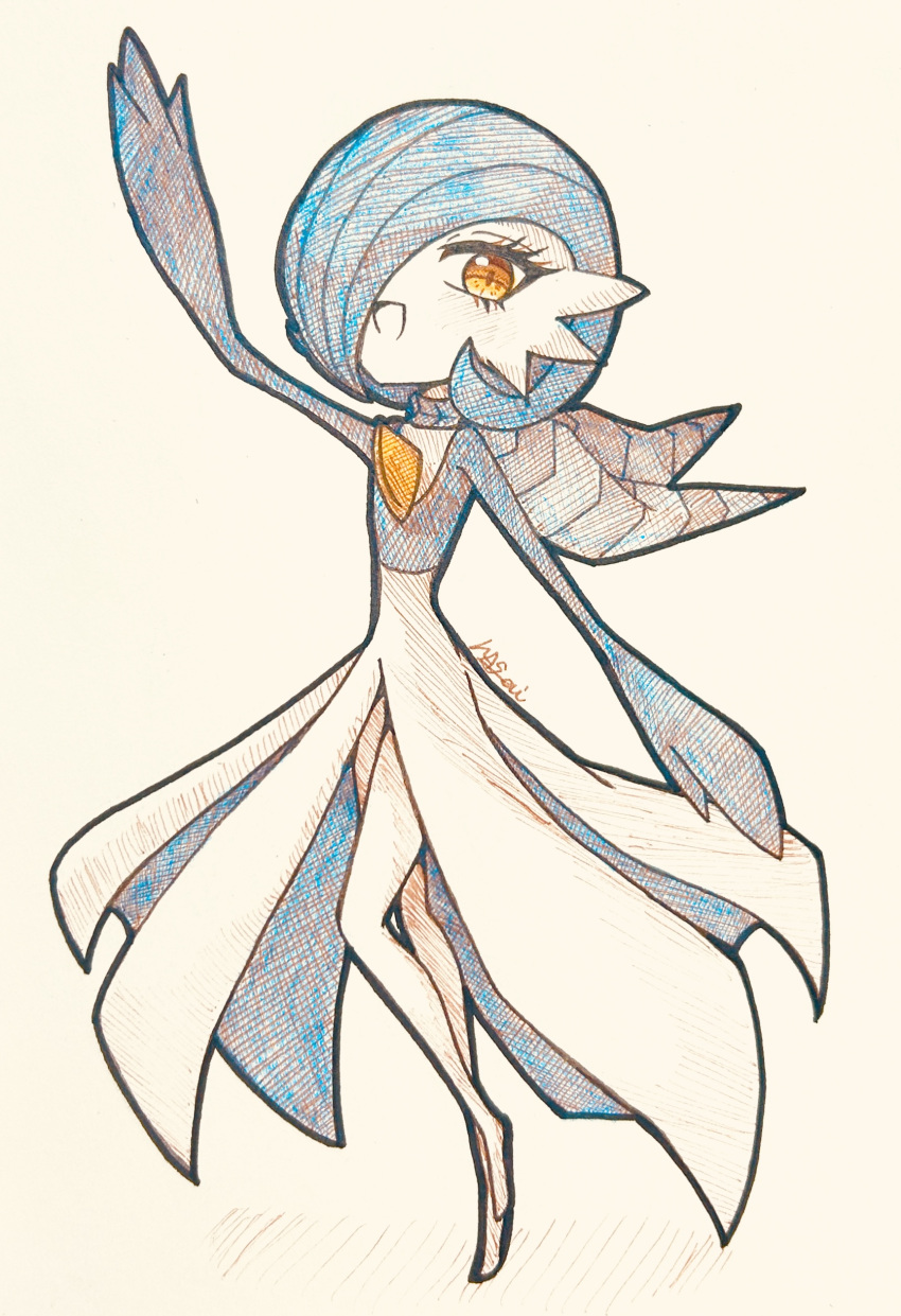 1girl, absurdres, alternate_color, arm_up, artist_name, blue_hair, blue_skin, bob_cut, choice_scarf, colored_skin, commentary, flat_chest, full_body, gardevoir, hair_over_one_eye, happy, hazai-san, highres, leg_up, legs, looking_at_viewer, multicolored_skin, one_eye_covered, open_mouth, orange_eyes, pokemon, pokemon_(creature), scarf, shiny_pokemon, short_hair, signature, simple_background, smile, solo, split_mouth, standing, standing_on_one_leg, striped_clothes, striped_scarf, traditional_media, two-tone_skin, white_background, white_skin