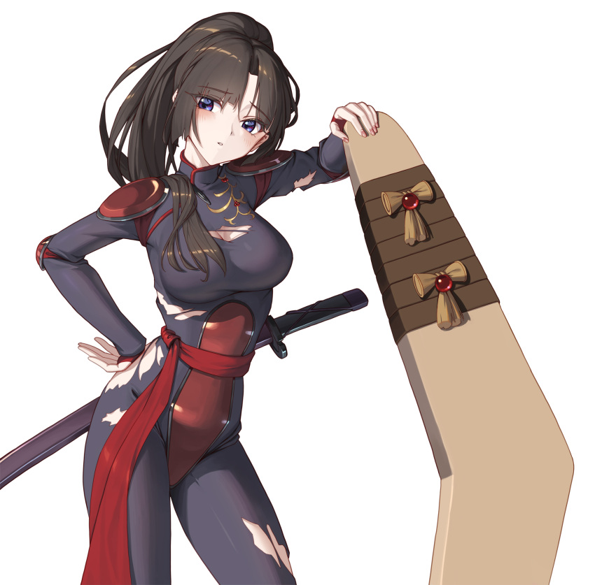 1girl, bodysuit, boomerang, bowlp, breasts, commission, elbow_pads, fingerless_gloves