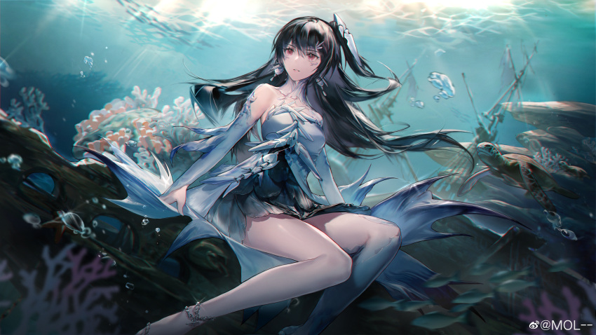 1girl, absurdres, air_bubble, anklet, bare_shoulders, black_dress, black_hair, bubble