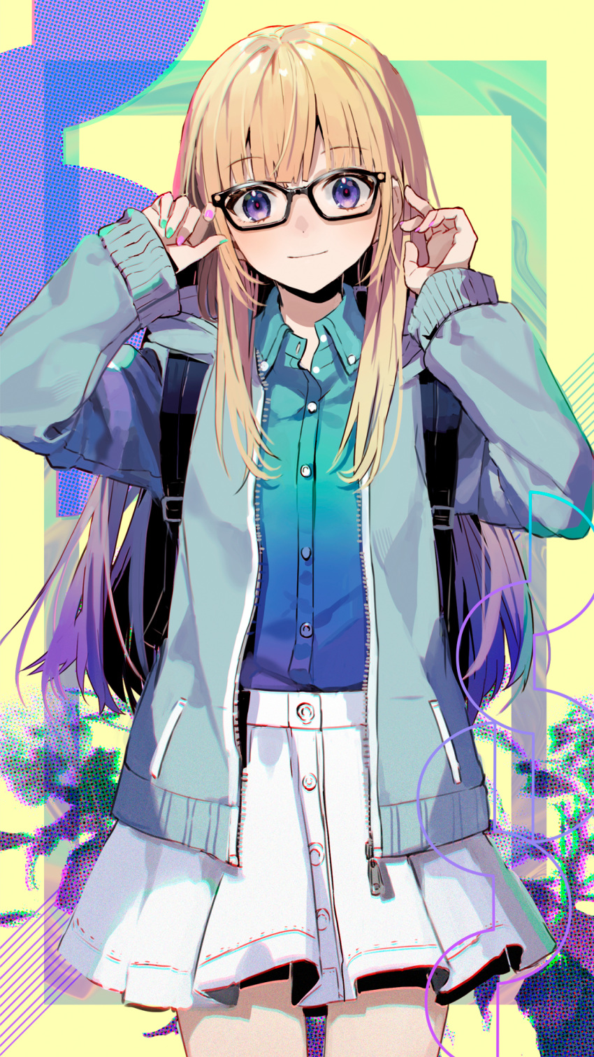 1girl, abstract_background, adjusting_eyewear, aqua_border, aqua_nails, aqua_shirt, backpack, bag