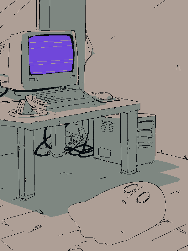 1other, cable, computer, computer_keyboard, food, ghost, hime_takeo, indoors, jaggy_lines, lying, monitor, monochrome, napstablook, no_humans, on_back, on_floor, plate, sandwich, silk, solo, spider_web, spot_color, table, undertale