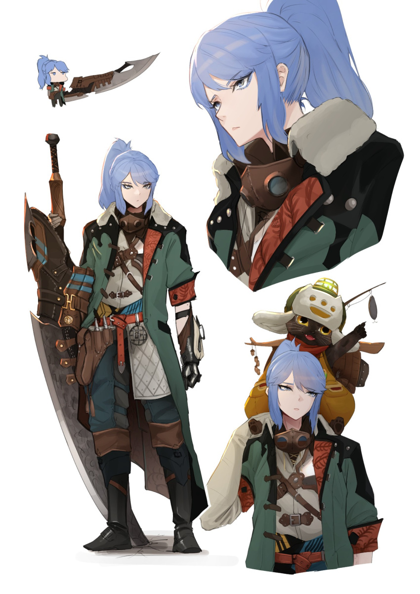 1girl, belt, black_footwear, black_fur, blue_eyes, blue_hair, blue_pants, boots, chibi, chibi_inset, closed_mouth, coat, commentary, crack, cracked_floor, elbow_gloves, english_commentary, felyne, fishing_lure, fishing_rod, gambeson, gauntlets, gloves, greatsword, green_coat, grey_pants, hand_on_another's_shoulder, high_ponytail, highres, holding, holding_sword, holding_weapon, huge_weapon, medium_hair, monster_hunter_(character), monster_hunter_(series), monster_hunter_wilds, multiple_belts, multiple_views, pants, planted, planted_sword, pointing, pointing_up, ponytail, red_belt, saki_(the_atko), shirt, sidelocks, simple_background, single_gauntlet, swept_bangs, sword, the_atko, weapon, white_background, white_shirt, yellow_eyes