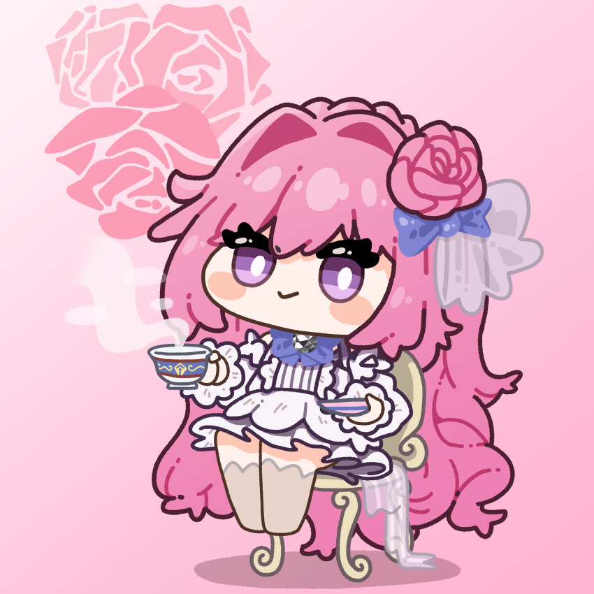 1girl, absurdres, blush, bow, bowtie, chair, chibi, cup
