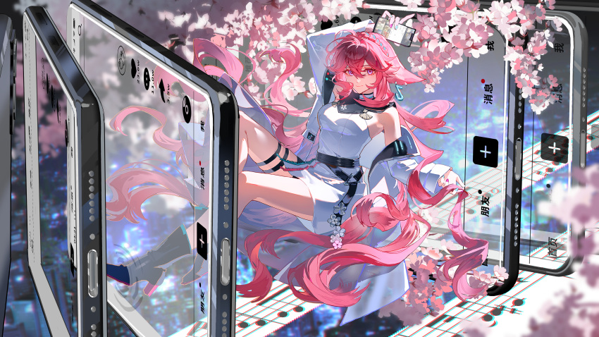 1girl, absurdres, animal_ears, arm_up, black_footwear, blue_nails, boots, cellphone, cherry_blossoms, closed_mouth, coat, dress, floating_hair, fox_ears, genshin_impact, guaisanmu, hair_between_eyes, highres, holding, holding_phone, long_hair, long_sleeves, looking_at_viewer, multicolored_nails, official_alternate_costume, open_clothes, open_coat, phone, pink_hair, pink_nails, sitting, sleeveless, sleeveless_dress, smartphone, smile, solo, thigh_strap, tiktok_logo, very_long_hair, violet_eyes, white_coat, white_dress, yae_miko, yae_miko_(douyin)