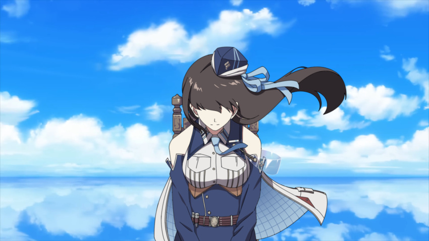 1girl, bare_shoulders, belt, black_hair, blue_coat, blue_hat, blue_necktie, blue_ribbon