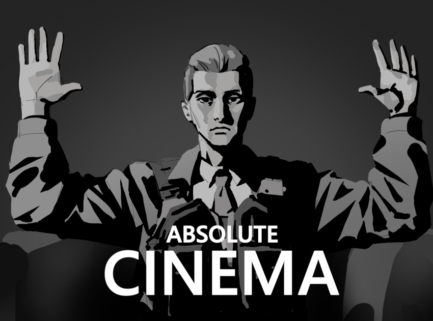 1boy, absolute_cinema_(meme), arms_up, black_eyes, bulletproof_vest, closed_mouth, collared_shirt, couch