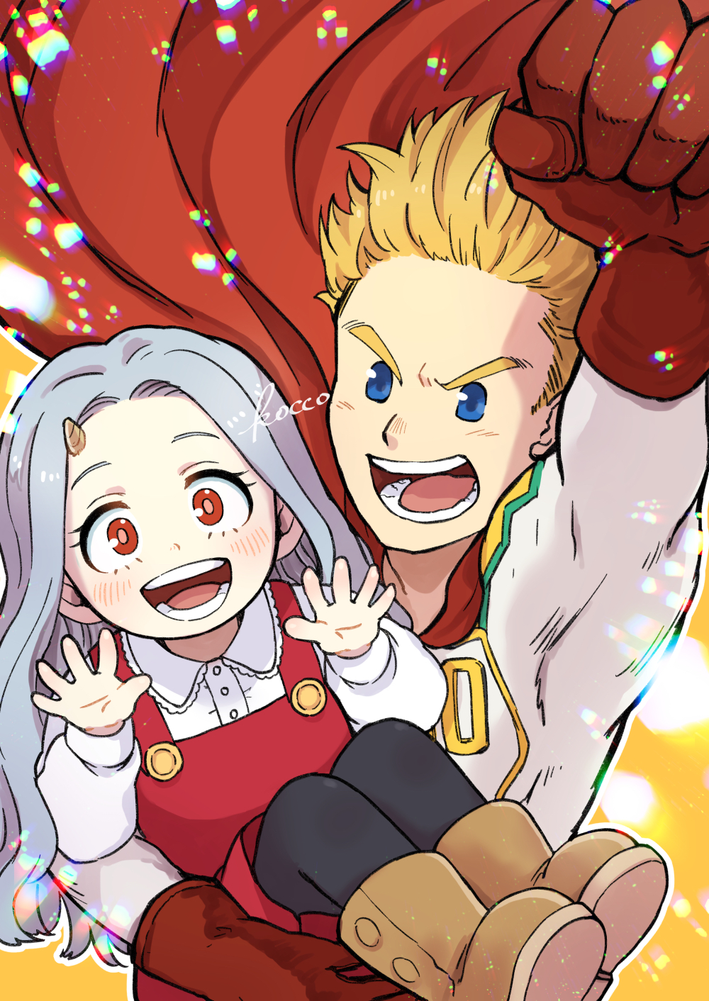 1boy, 1girl, arm_up, artist_name, black_pants, blonde_hair, blue_eyes, blush