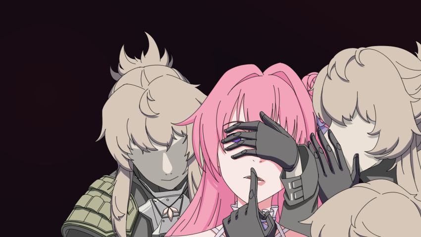 4girls, ahoge, armor, black_background, black_gloves, blonde_hair, bow, closed_mouth, collar, commentary_request, covering_another's_eyes, dorothy_(nikke), empty_eyes, expressionless, faceless, faceless_female, finger_to_mouth, flower_hairpin, frilled_collar, frills, gloves, goddess_of_victory:_nikke, hair_bow, hair_flaps, hair_intakes, highres, jewelry, long_hair, long_sleeves, looking_at_viewer, multiple_girls, necklace, pink_hair, pinne_(nikke), product_23_(nikke), pupupuplus, purple_bow, reference_request, shoulder_armor, sidelocks, simple_background, smile, traumatized, violet_eyes, whispering, whispering_in_ear