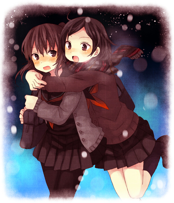bag, blush, brown_eyes, brown_hair, cardigan, hachiko_(hati12), hug, kneehighs