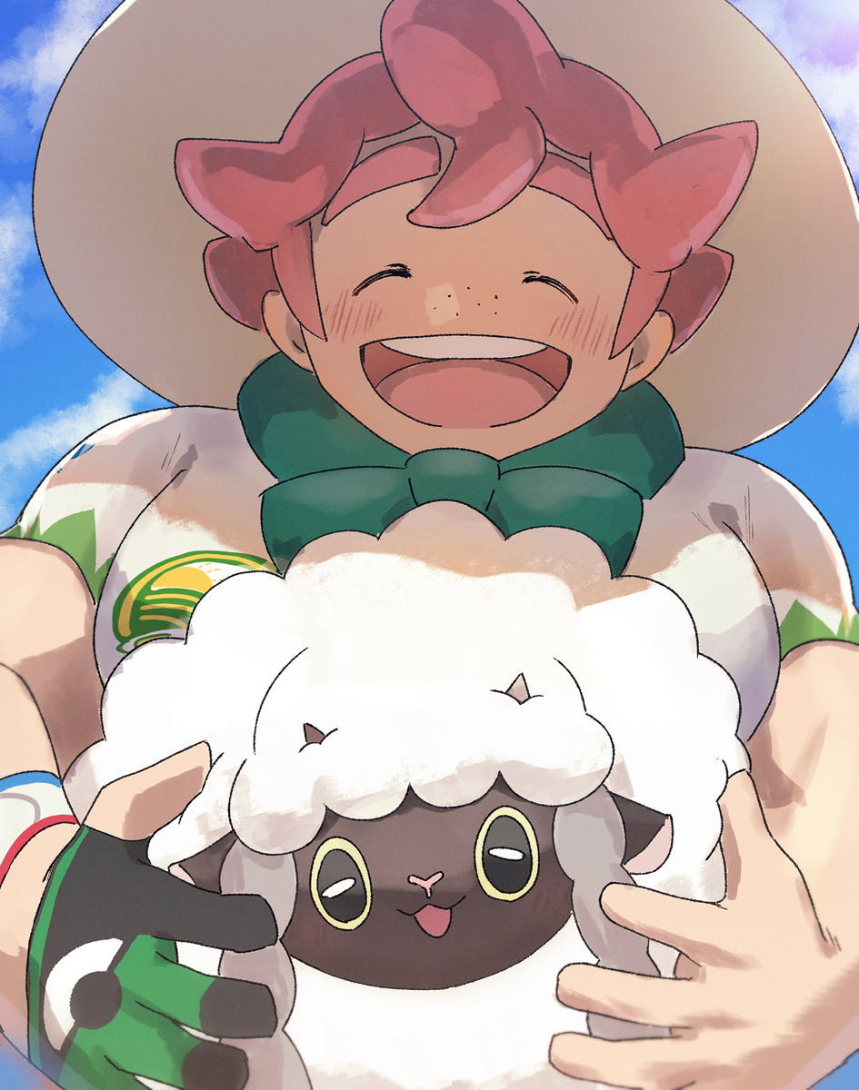 1boy, black_gloves, blush, closed_eyes, clouds, cloudy_sky, commentary_request, freckles