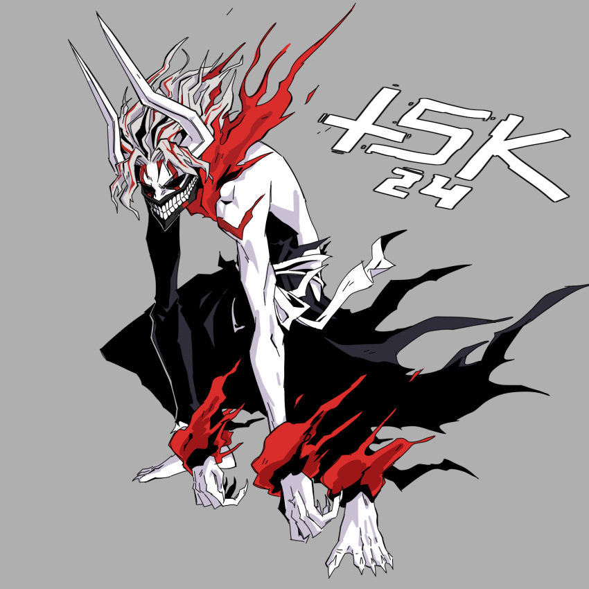 1boy, alternate_form, bleach, crossover, dandadan, facial_mark, highres, hollow_ichigo, male_focus, mask, mouth_mask, solo, takakura_ken_(dandadan), transformation, tskmartinsen, white_hair
