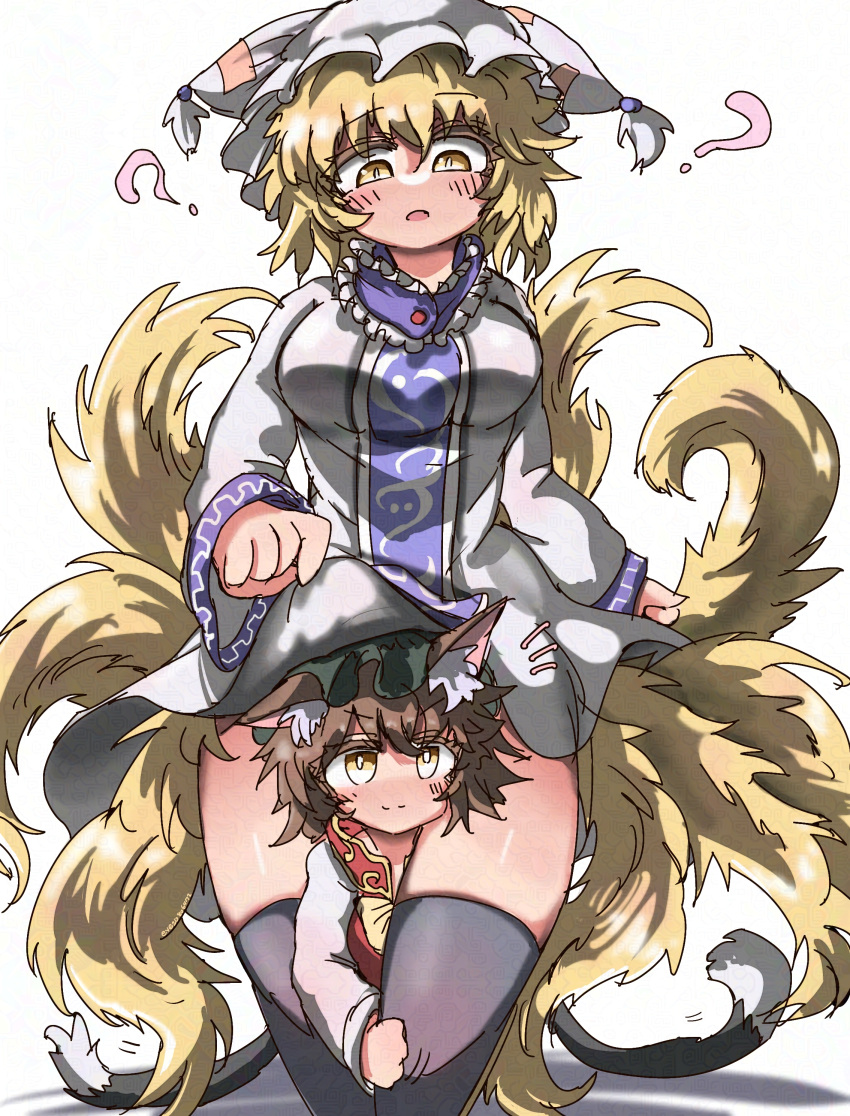 2girls, ?, absurdres, animal_ear_fluff, animal_ears, black_thighhighs, blue_tabard, breasts, brown_hair, cat_ears, cat_tail, chen, commentary_request, dress, eye20806972, fox_tail, gold_trim, highres, large_breasts, long_sleeves, looking_at_another, looking_at_viewer, looking_down, multiple_girls, multiple_tails, nekomata, no_nose, over-kneehighs, red_vest, shadow, simple_background, split_mouth, standing, tabard, tail, thigh-highs, touhou, two_tails, under_another's_clothes, v-shaped_eyebrows, vest, white_background, white_dress, yakumo_ran, yellow_eyes