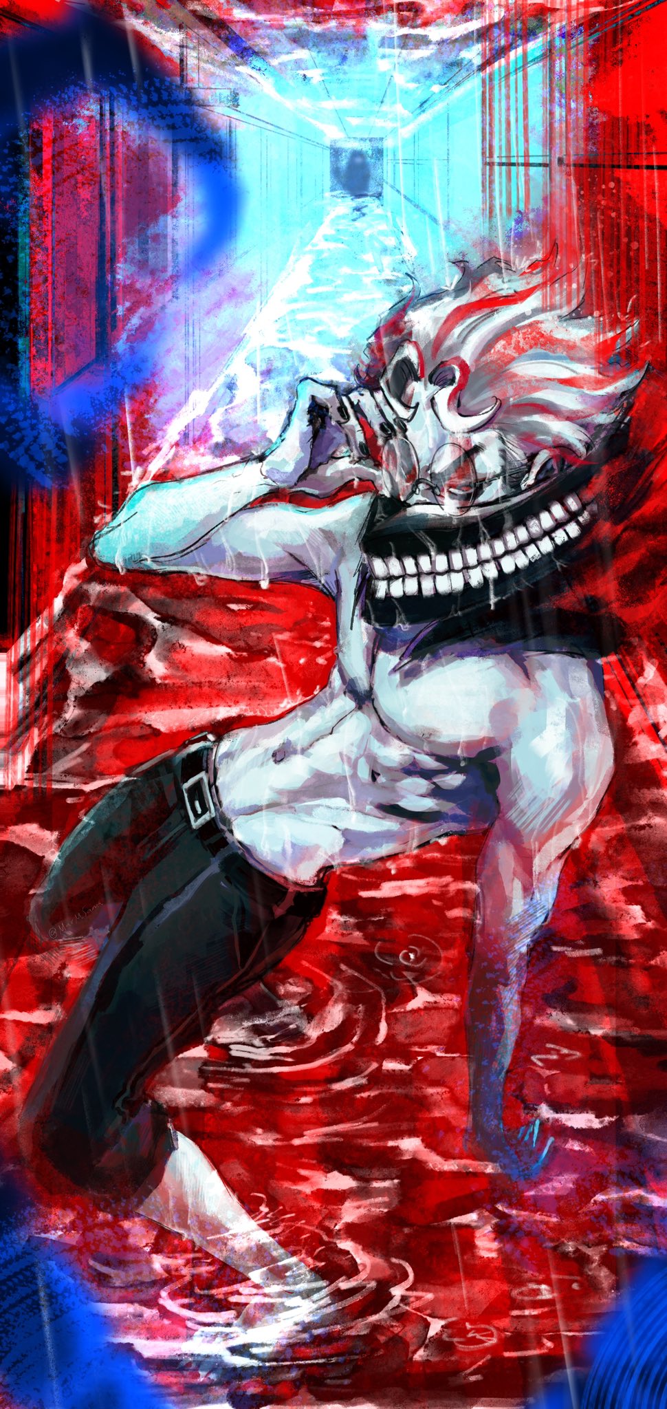 1boy, adjusting_eyewear, alternate_form, black_pants, dandadan, glasses, highres, male_focus
