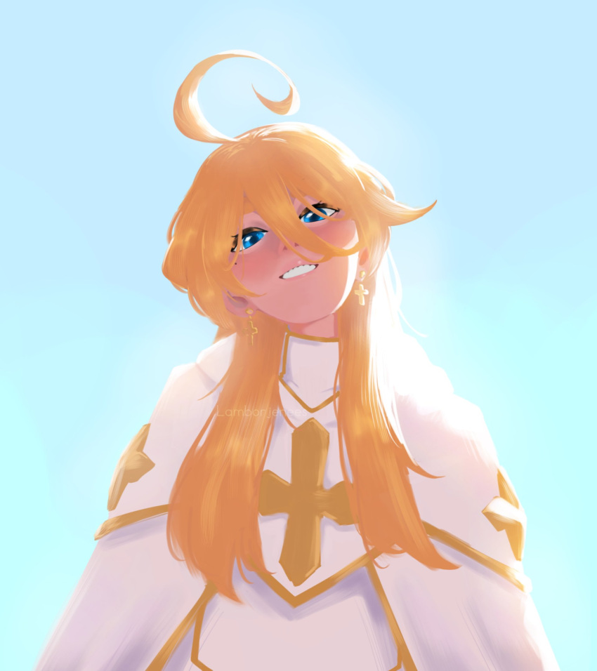 1girl, ahoge, artist_name, blonde_hair, blue_background, blue_eyes, blush, commentary