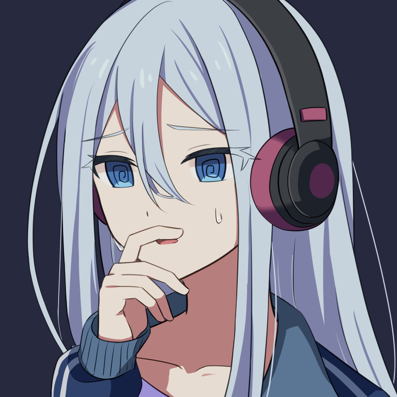 1girl, black_shirt, blue_background, blue_eyes, blue_hair, blue_jacket, blue_track_jacket, bow, collarbone, empty_eyes, finger_to_mouth, headphones, jacket, light_blue_hair, long_hair, long_sleeves, mizushirokuro, open_mouth, project_sekai, shirt, simple_background, solo, sweat, track_jacket, very_long_hair, wince, yoisaki_kanade
