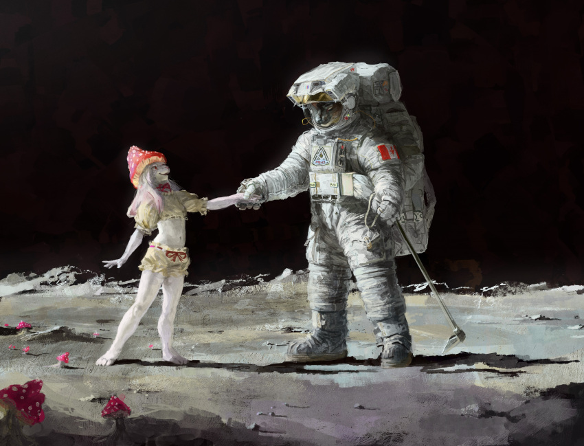1girl, alien, astronaut, fantasy, furry, helmet, highres, holding_hands