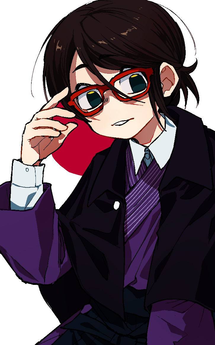 1girl, black_hair, glasses, jacket, japan, japan_(nanimonothing), japanese_clothes, japanese_flag