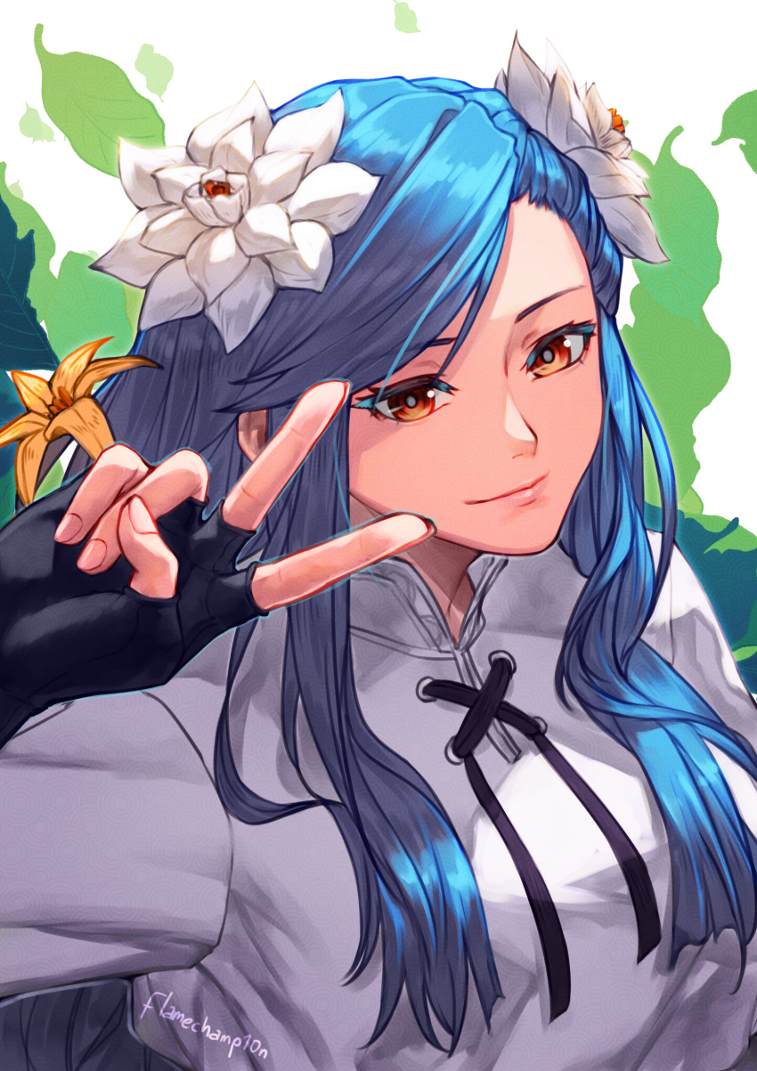 1girl, absurdres, artist_name, black_gloves, black_ribbon, blue_hair, close-up, closed_mouth, dizzy_(guilty_gear), english_commentary, fingerless_gloves, flamechamp10n, flower, gloves, guilty_gear, guilty_gear_strive, hair_flower, hair_ornament, hair_over_shoulder, highres, leaf, long_hair, official_alternate_hairstyle, queen_dizzy, red_eyes, ribbon, shirt, sidelocks, smile, solo, swept_bangs, v, white_background, white_flower, white_shirt, yellow_flower