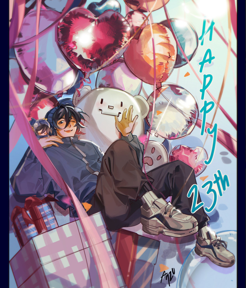 2boys, animification, balloon, beanie, bishounen, black_hair, blue_hat, blue_jacket
