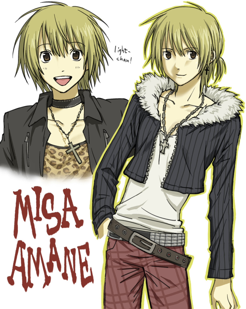 1boy, amane_misa, animal_print, belt, blonde_hair, brown_eyes, character_name, choker