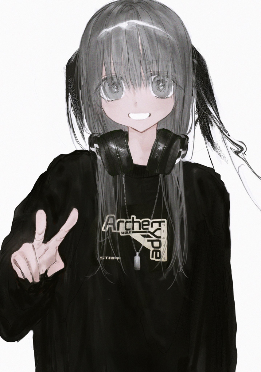 1girl, fcx4l, grey_eyes, grey_hair, grin, headphones, headphones_around_neck, highres, jewelry, long_hair, long_sleeves, looking_at_viewer, necklace, original, smile, solo, two_side_up, upper_body, v