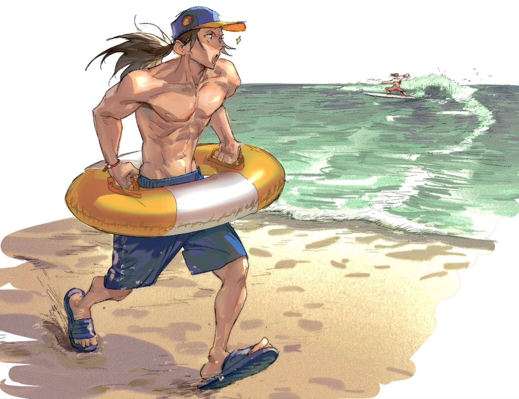 2boys, abs, baseball_cap, beach, black_footwear, blue_swim_trunks, brothers, brown_hair