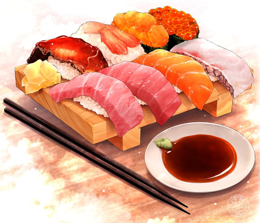 artist_logo, chopsticks, commentary_request, fish_(food), food, food_focus, logo, no_humans