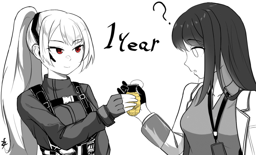 2girls, ?, breasts, collarbone, collared_shirt, commentary_request, english_text, evelyn_(neural_cloud)