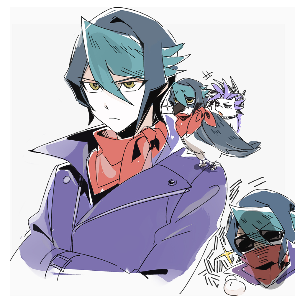 1boy, 3_ma_me, animalization, bandana, bandana_around_neck, bird, black_hair, coat