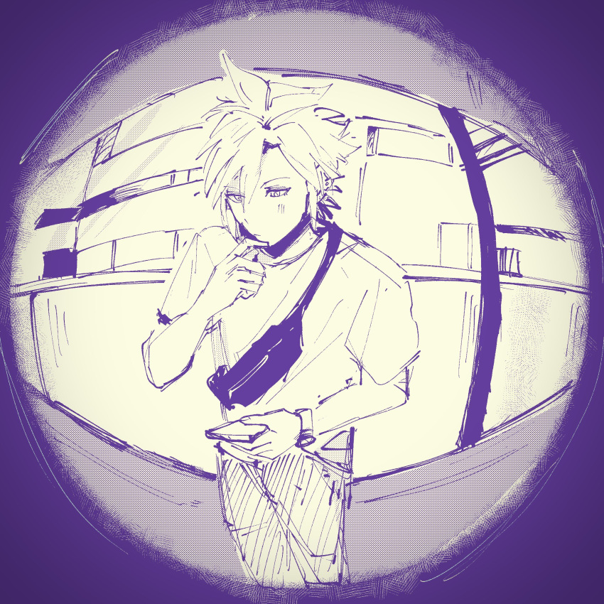1boy, apartment, bag, blush, cellphone, closed_mouth, cloud_strife, doorway