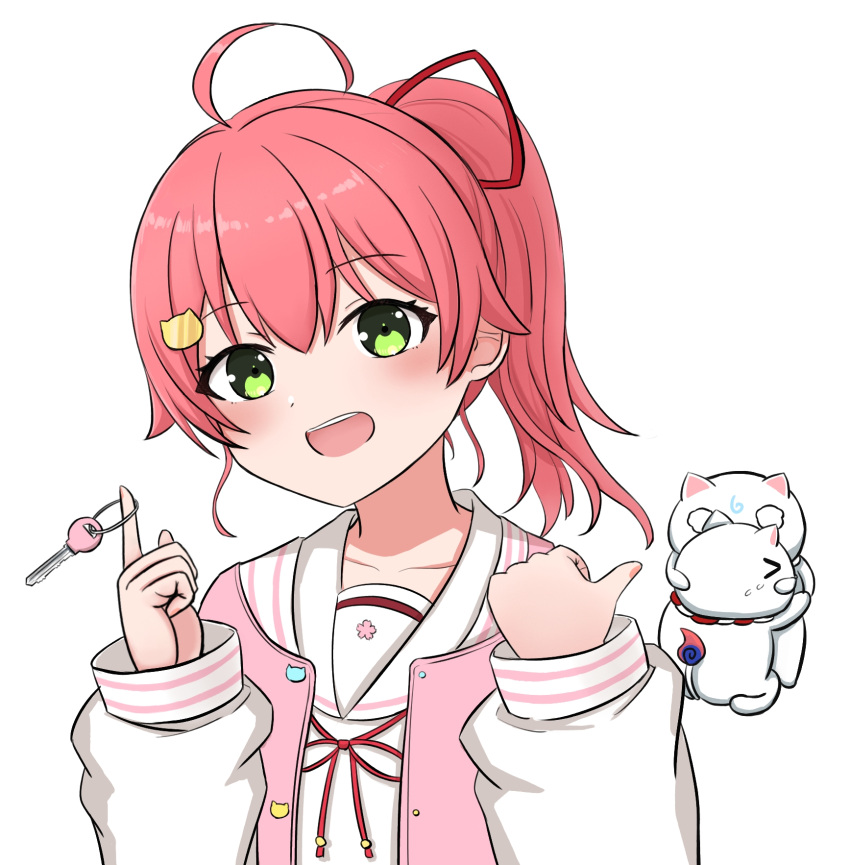 >_<, 1girl, 35p_(sakura_miko), ahoge, ancha_(itea111), blank_eyes, blush, cat_hair_ornament