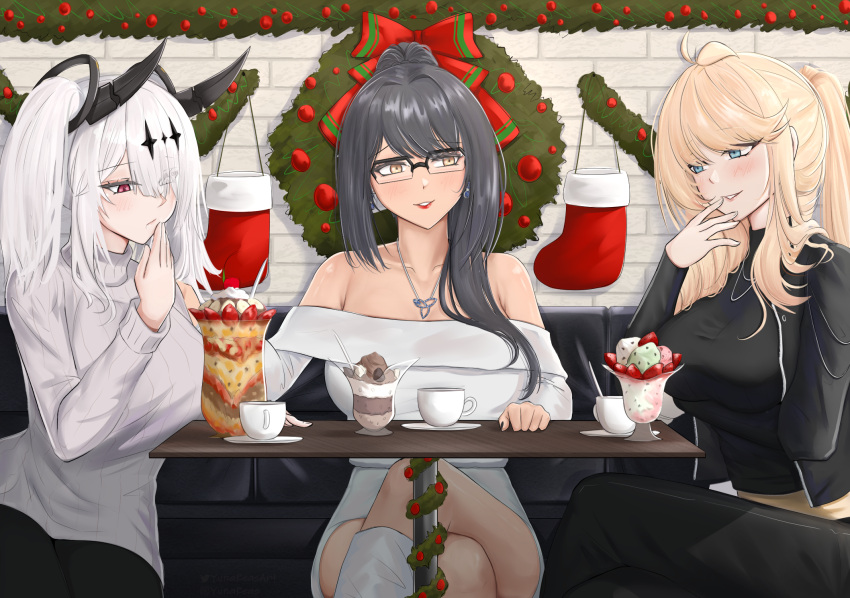 3girls, azur_lane, bare_shoulders, black-framed_eyewear, black_hair, black_jacket, black_pants, blonde_hair
