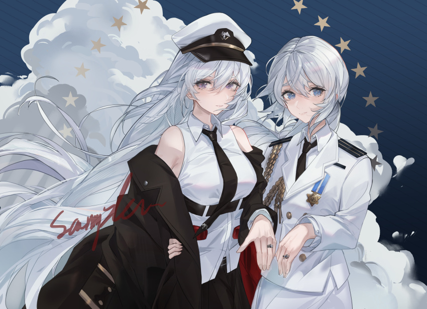 2girls, absurdres, aiguillette, azur_lane, black_coat, black_necktie, black_skirt, blue_eyes
