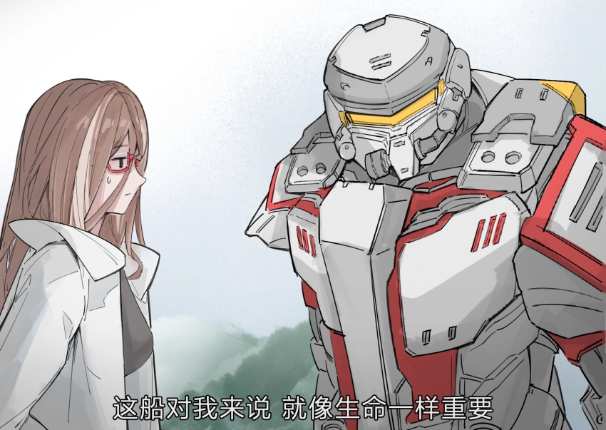 1boy, 1girl, armor, azur_lane, black_shirt, brown_hair, chinese_text, closed_mouth, coat, commander_(azur_lane), dr._anzeel_(azur_lane), highres, multicolored_hair, power_armor, power_armor_commander_(azur_lane), red-framed_eyewear, shirt, stenerwg, streaked_hair, sweatdrop, translation_request, visor_(armor), white_coat, white_hair