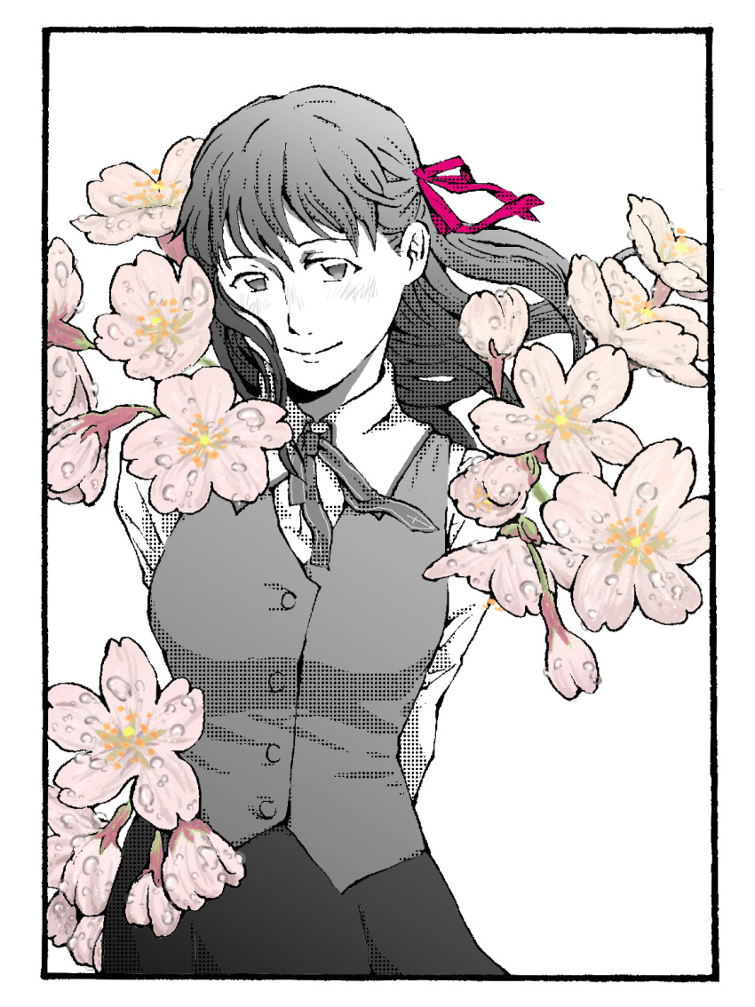 1girl, arms_behind_back, border, cherry_blossoms, commentary, dithering, english_commentary, fate/stay_night
