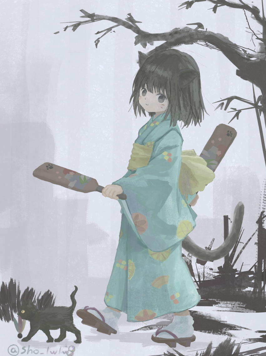 1girl, absurdres, animal_ears, black_cat, black_eyes, black_hair, black_tail, blue_kimono