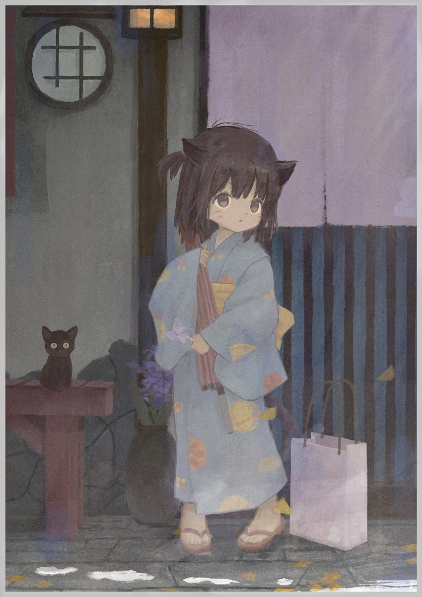 1girl, absurdres, animal_ears, bag, black_cat, black_eyes, black_hair, blue_kimono