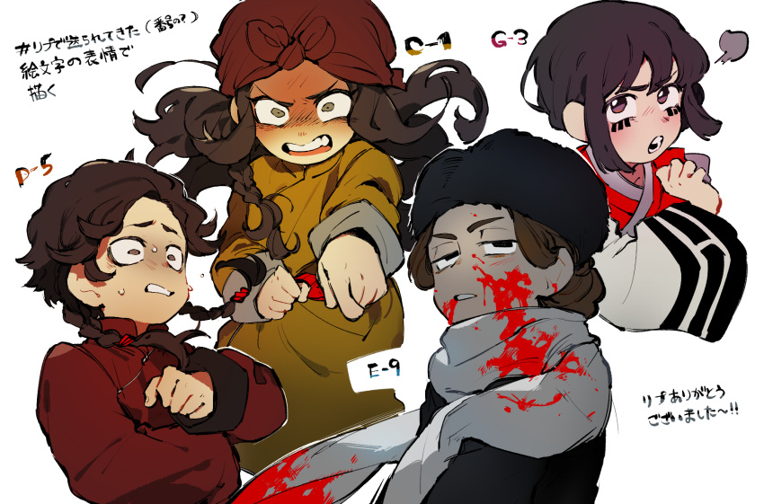 4girls, black_hair, blood, blood_on_clothes, blood_on_face, braid, brown_hair, dress