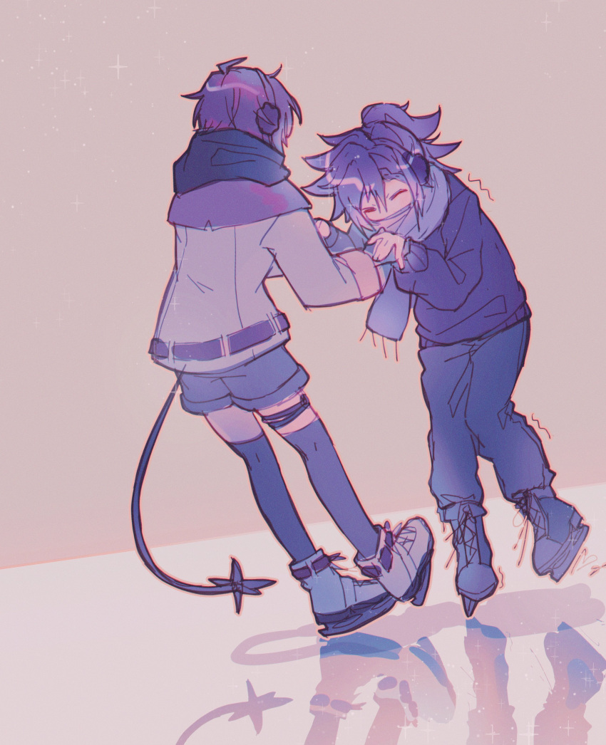 2boys, absurdres, ahoge, banzoin_hakka, black_scarf, black_shorts, black_thighhighs, blush