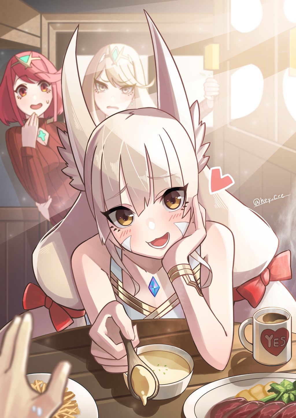 1other, 3girls, animal_ear_fluff, animal_ears, blonde_hair, blush, cat_ears, cat_girl, coffee, coffee_mug, commentary_request, cup, furrowed_brow, grey_hair, heart, heart_print, hey_cre, highres, holding, holding_spoon, incoming_food, indoors, long_hair, mug, multiple_girls, mythra_(xenoblade), nia_(blade)_(xenoblade), nia_(xenoblade), open_mouth, plate, pov, pov_hands, pyra_(xenoblade), red_sweater, redhead, smile, spoon, sunlight, sweater, tiara, xenoblade_chronicles_(series), xenoblade_chronicles_2, yellow_eyes